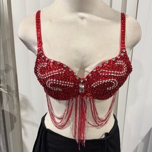 Red Crystal Embellished Fringe Bra Top
